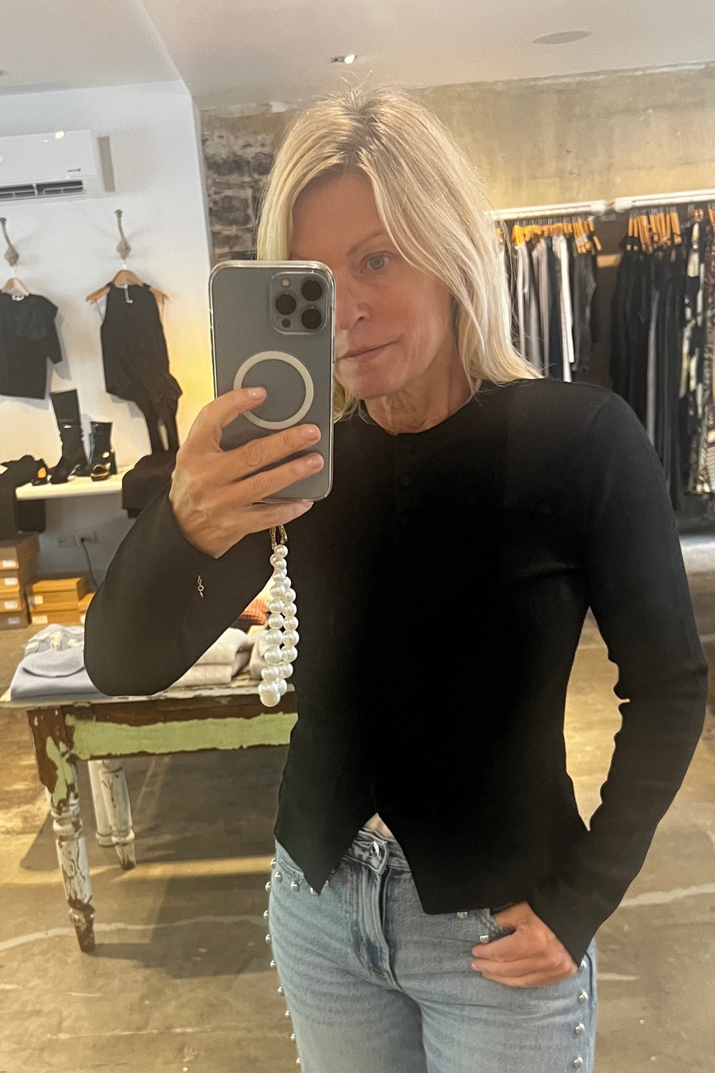 White + Warren - Superfine Merino Waisted Cardigan (black)