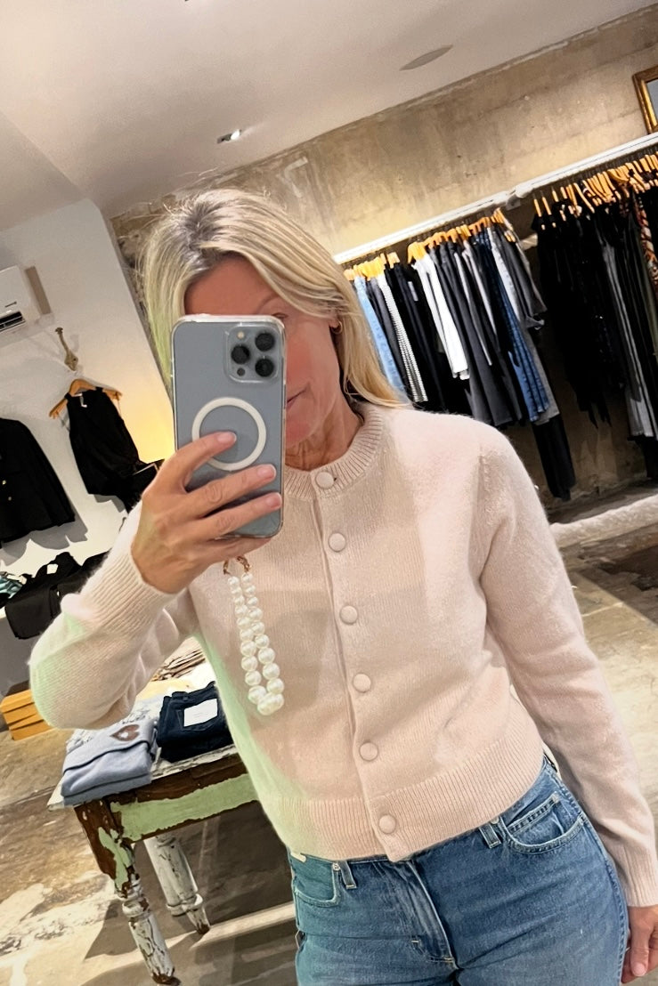 White + Warren - Brushed Cashmere Crewneck Cardigan (powdered rose)