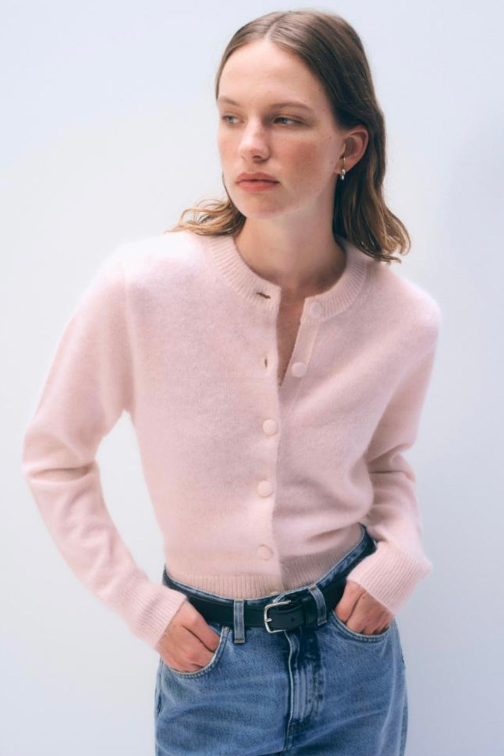 White + Warren - Brushed Cashmere Crewneck Cardigan (powdered rose)