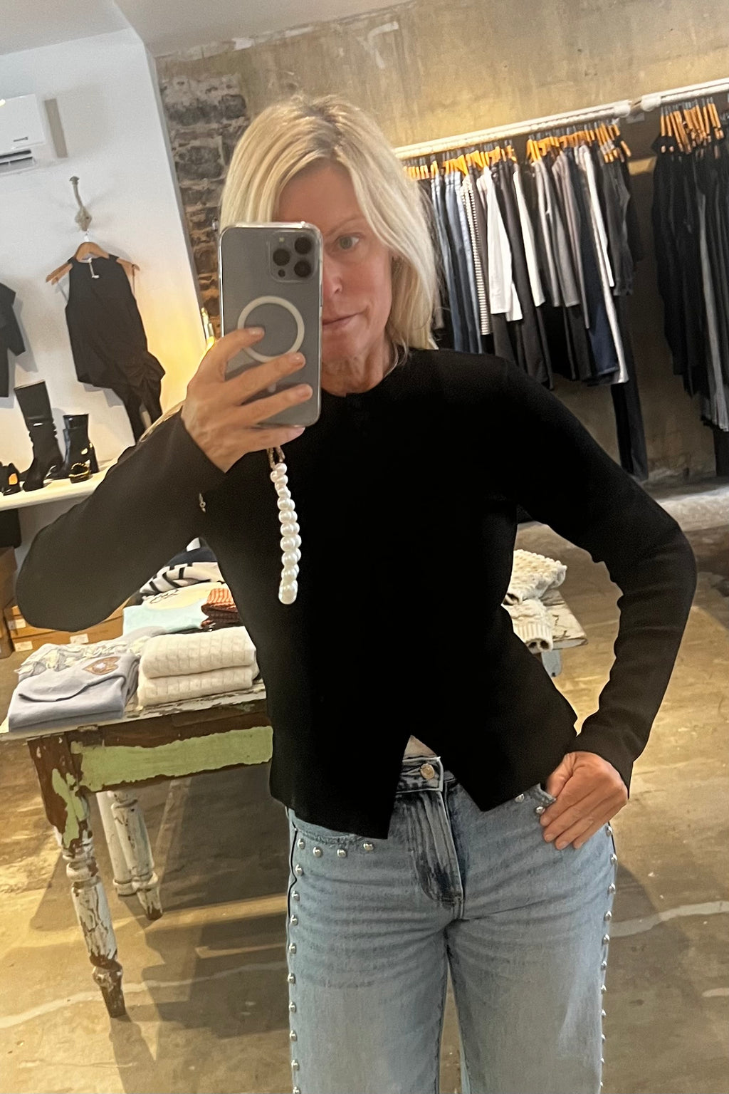 White + Warren - Superfine Merino Waisted Cardigan (black)