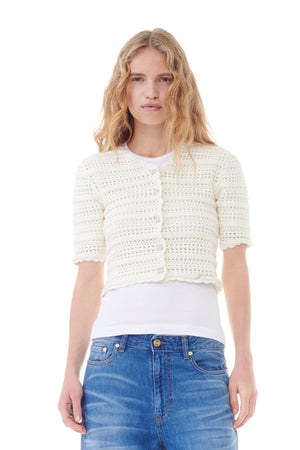 Ganni - Cotton Pointelle Short Sleeve Cardigan