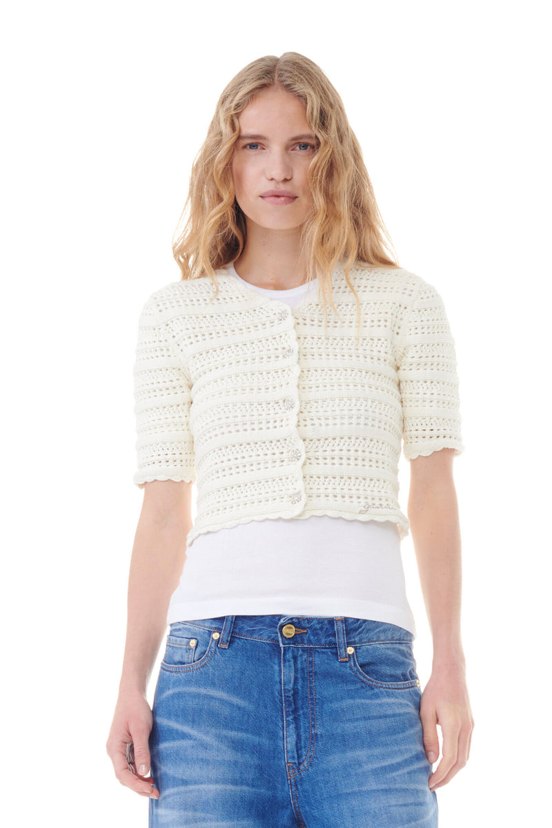 Ganni - Cotton Pointelle Short Sleeve Cardigan